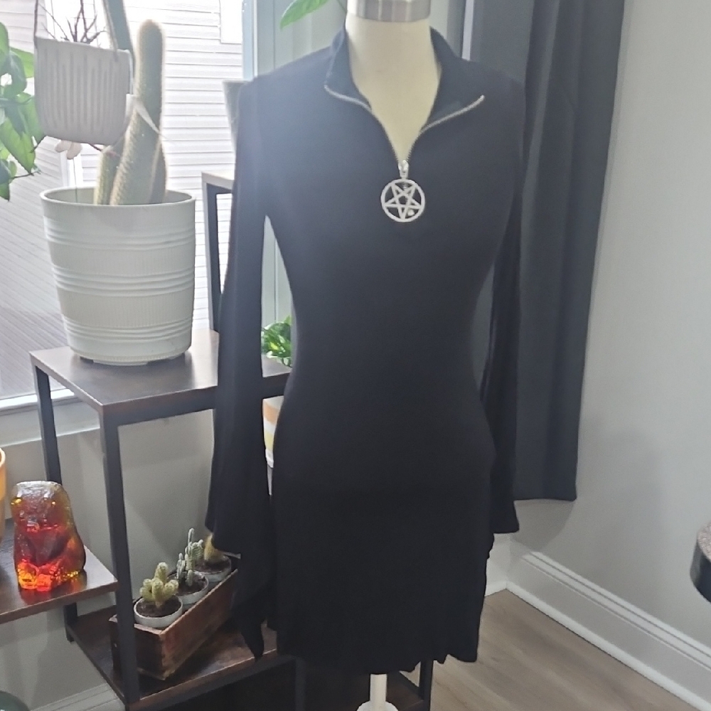 Killstar Black Pentagram Dress with Bell Sleeves XS